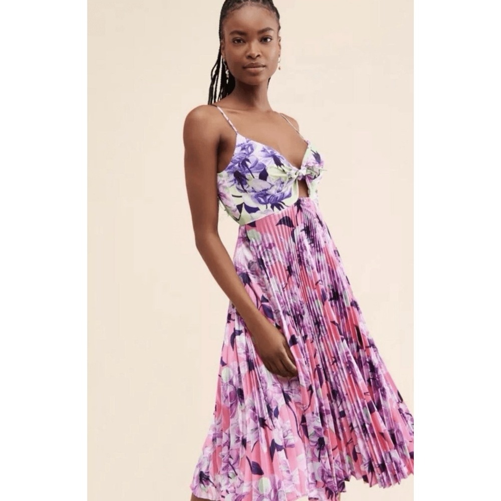 Anthropologie Pleated Midi Dress Pink Floral Tie Front Sleeveless S Coquette